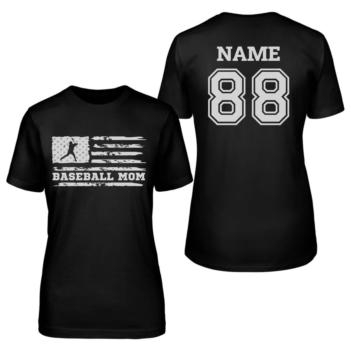 Baseball Mom Horizontal Flag With Baseball Player Name on a Unisex T-Shirt with a White Graphic