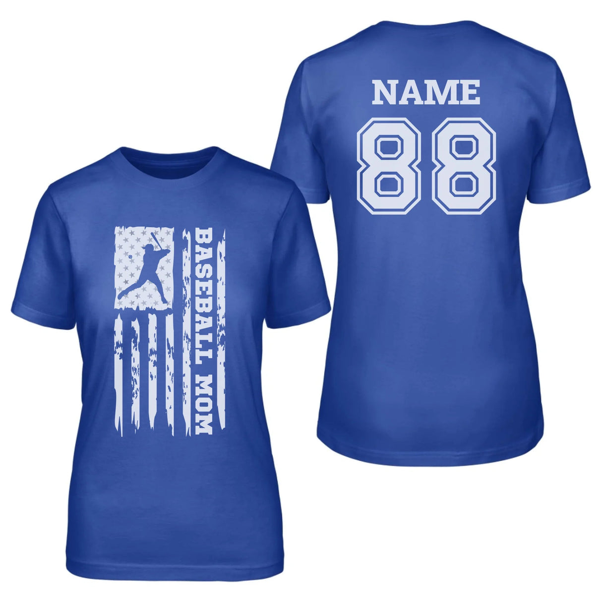 Baseball Mom Vertical Flag With Baseball Player Name on a Unisex T-Shirt with a White Graphic