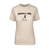 Baseball Mom with Baseball Player Icon and Baseball Player Name on a Unisex T-Shirt with a Black Graphic