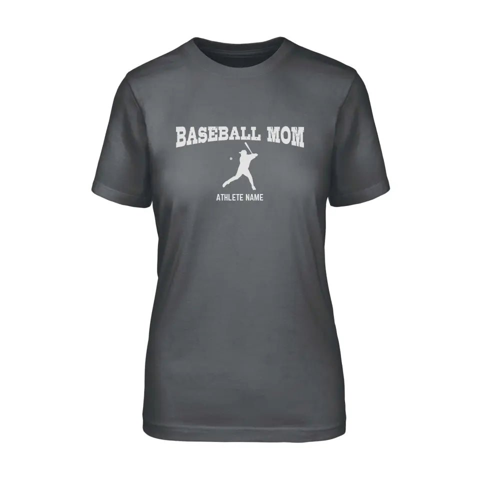 Baseball Mom with Baseball Player Icon and Baseball Player Name on a Unisex T-Shirt with a White Graphic