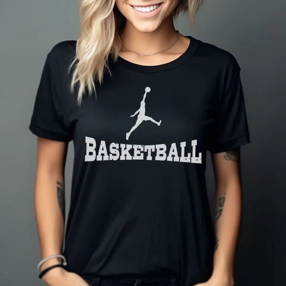 Basic Basketball with Basketball Player Icon on a Unisex T-Shirt with a White Graphic