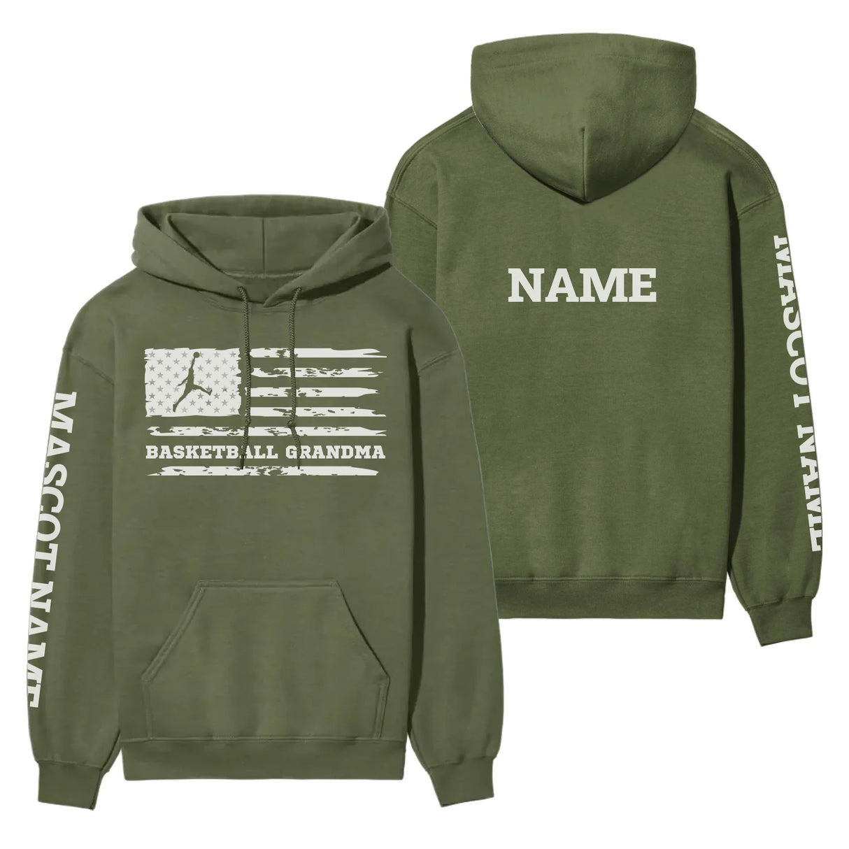 Basketball Grandma Horizontal Flag With Basketball Player Name on a Hoodie with a White Graphic