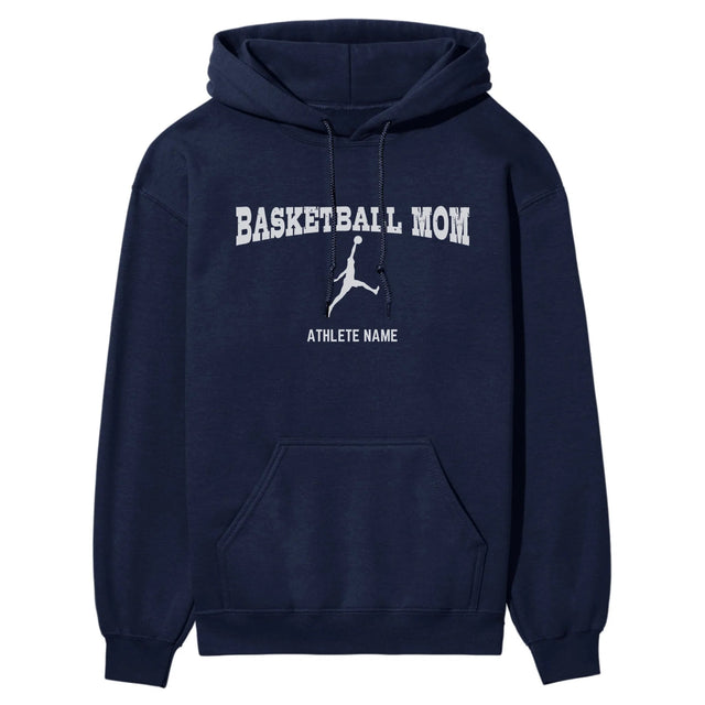 Basketball Mom with Basketball Player Icon and Basketball Player Name on a Hoodie with a White Graphic