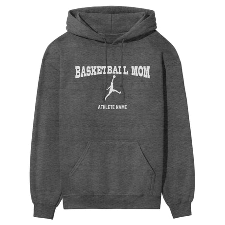 Basketball Mom with Basketball Player Icon and Basketball Player Name on a Hoodie with a White Graphic