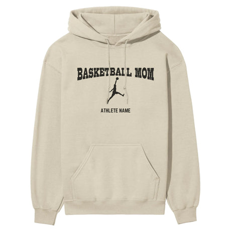 Basketball Mom with Basketball Player Icon and Basketball Player Name on a Hoodie with a Black Graphic