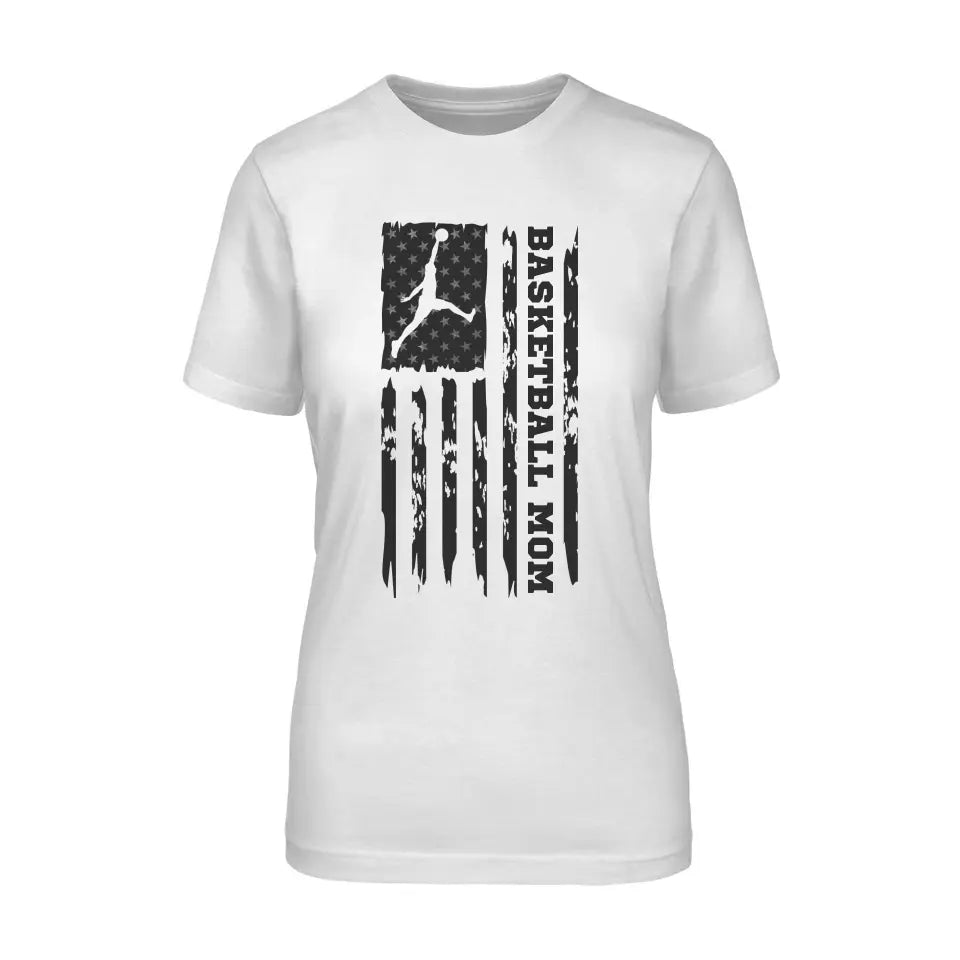 Basketball Mom Vertical Flag on a Unisex T-Shirt with a Black Graphic