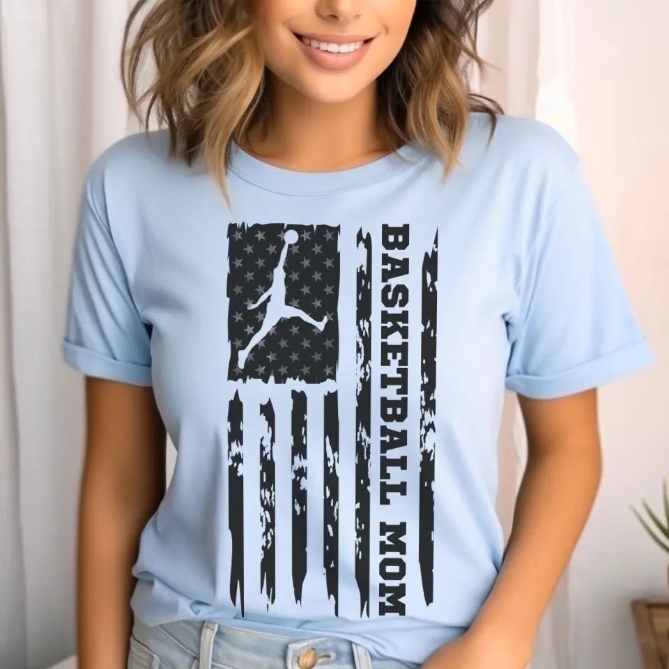 Basketball Mom Vertical Flag on a Unisex T-Shirt with a Black Graphic