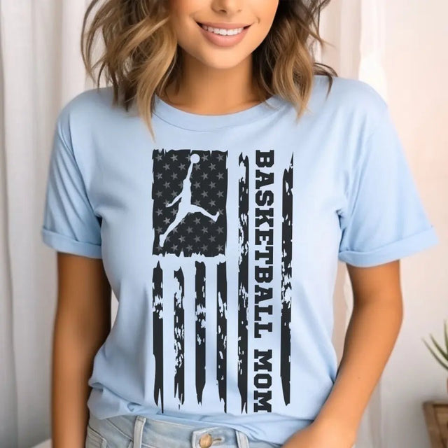 Basketball Mom Vertical Flag on a Unisex T-Shirt with a Black Graphic