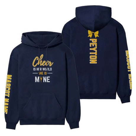 Cheer Is Her World, She Is Mine With Cheerleader Name And Custom Sleeve on a Hoodie