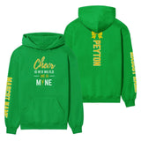 Cheer Is Her World, She Is Mine With Cheerleader Name And Custom Sleeve on a Hoodie