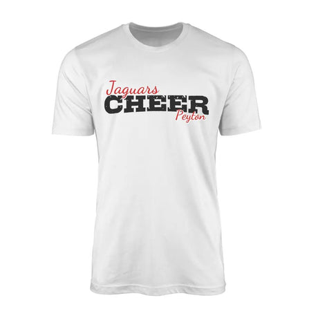 Custom Cheer Mascot and Cheerleader Name on a Men's T-Shirt with a Black Graphic