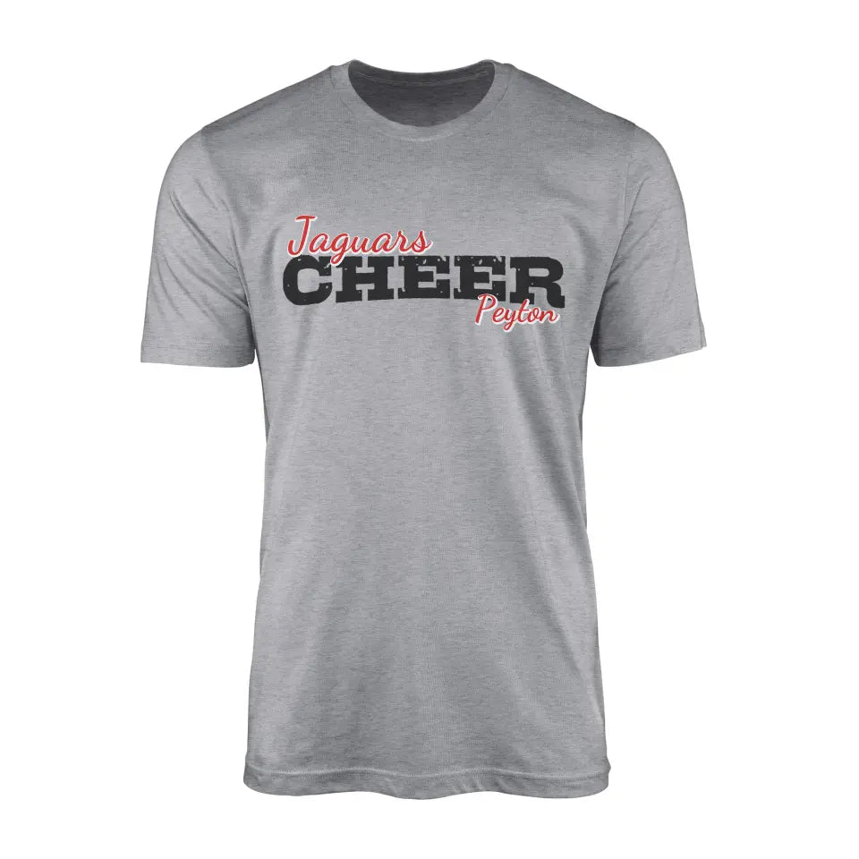 Custom Cheer Mascot and Cheerleader Name on a Men's T-Shirt with a Black Graphic