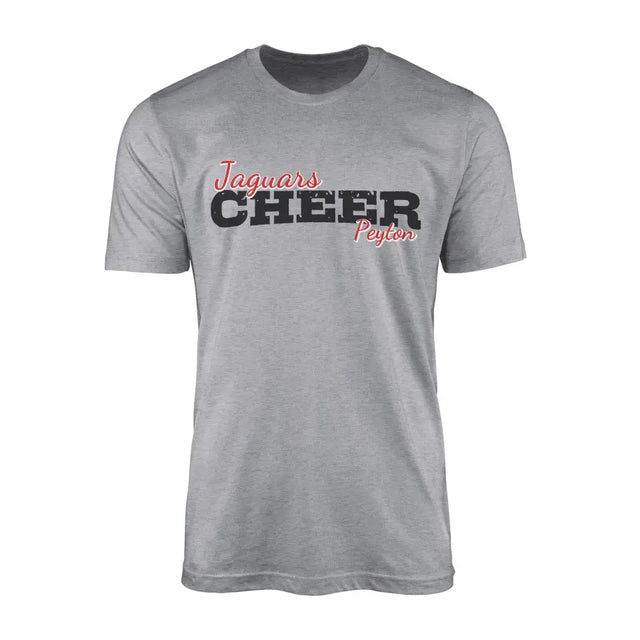 Custom Cheer Mascot and Cheerleader Name on a Men's T-Shirt with a Black Graphic
