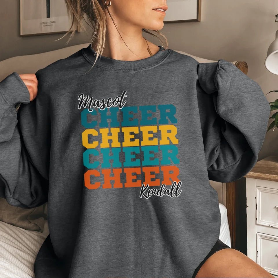 Personalized Cheer Cheer Cheer on a Sweatshirt With Mascot and Cheerleader Name on a Sweatshirt