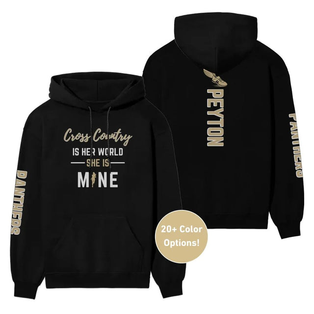 Cross Country Is Her World, She Is Mine With Cross Country Runner Name And Custom Sleeve on a Hoodie