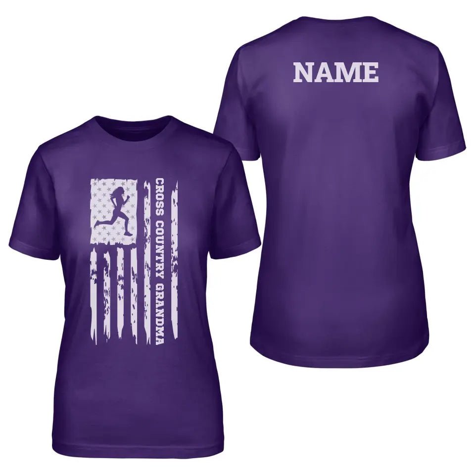 Cross Country Grandma Vertical Flag With Cross Country Runner Name on a Unisex T-Shirt with a White Graphic