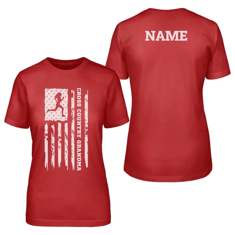 Cross Country Grandma Vertical Flag With Cross Country Runner Name on a Unisex T-Shirt with a White Graphic