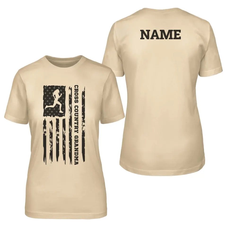 Cross Country Grandma Vertical Flag With Cross Country Runner Name on a Unisex T-Shirt with a Black Graphic