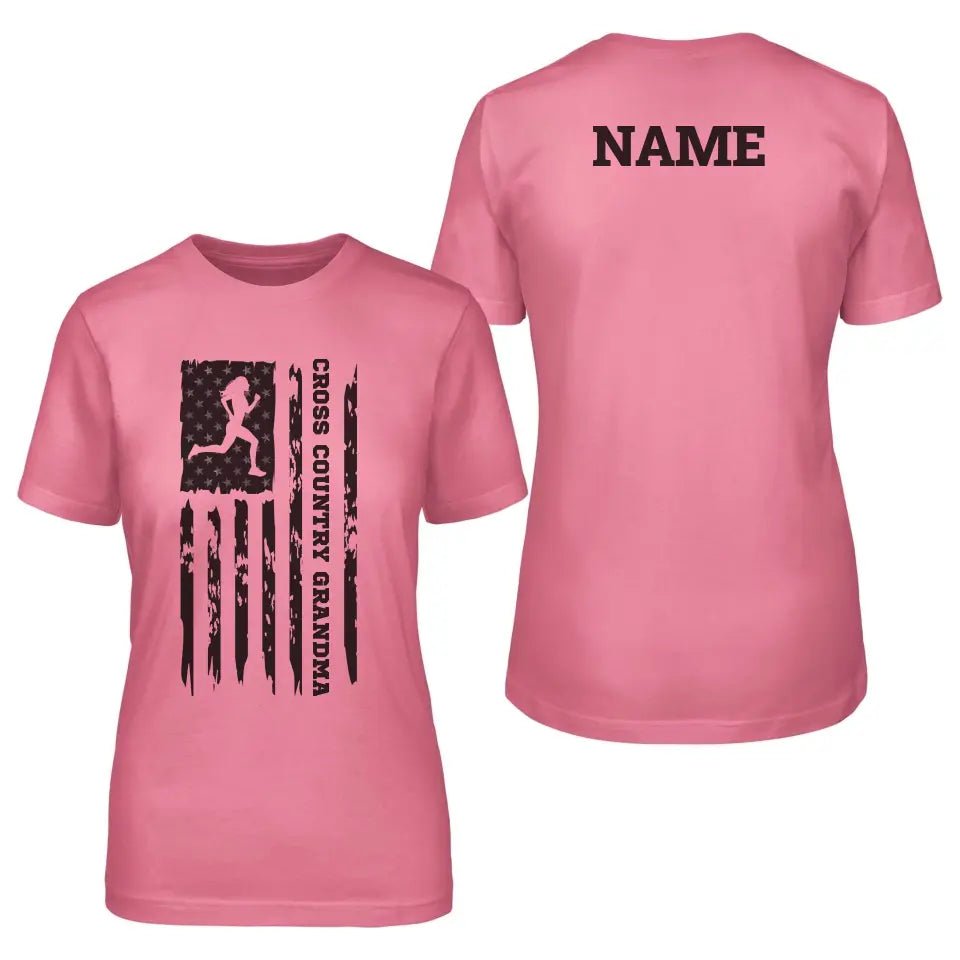 Cross Country Grandma Vertical Flag With Cross Country Runner Name on a Unisex T-Shirt with a Black Graphic