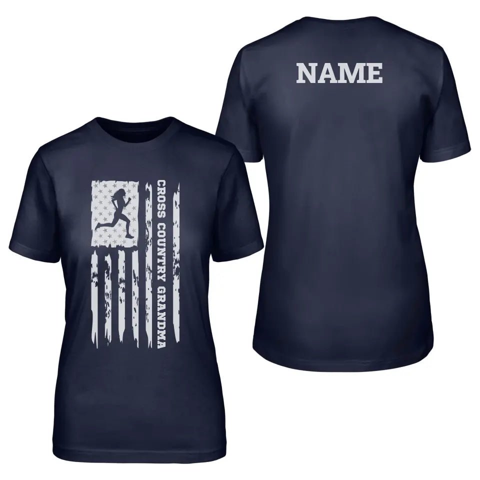 Cross Country Grandma Vertical Flag With Cross Country Runner Name on a Unisex T-Shirt with a White Graphic