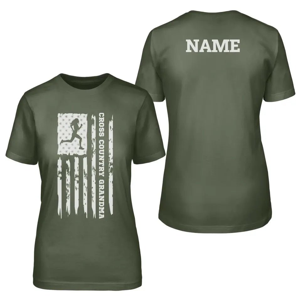 Cross Country Grandma Vertical Flag With Cross Country Runner Name on a Unisex T-Shirt with a White Graphic