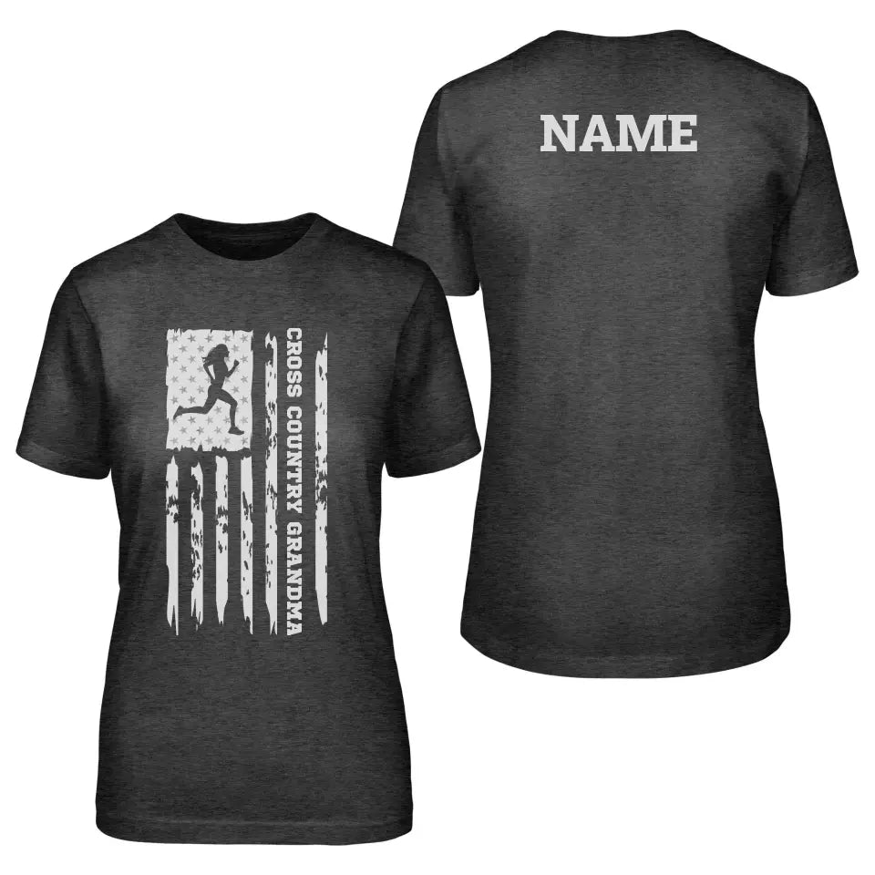 Cross Country Grandma Vertical Flag With Cross Country Runner Name on a Unisex T-Shirt with a White Graphic
