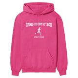 Cross Country Mom with Cross Country Runner Icon and Cross Country Runner Name on a Hoodie with a White Graphic