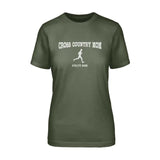 Cross Country Mom with Cross Country Runner Icon and Cross Country Runner Name on a Unisex T-Shirt with a White Graphic