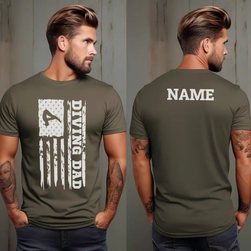 Diving Dad Vertical Flag With Diver Name on a Men's T-Shirt with a White Graphic