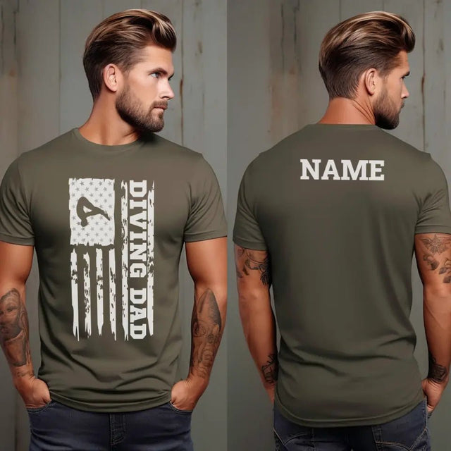 Diving Dad Vertical Flag With Diver Name on a Men's T-Shirt with a White Graphic