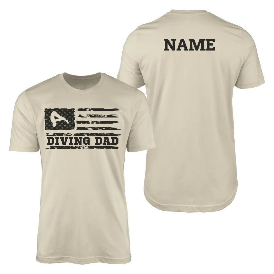 Diving Dad Horizontal Flag With Diver Name on a Men's T-Shirt with a Black Graphic