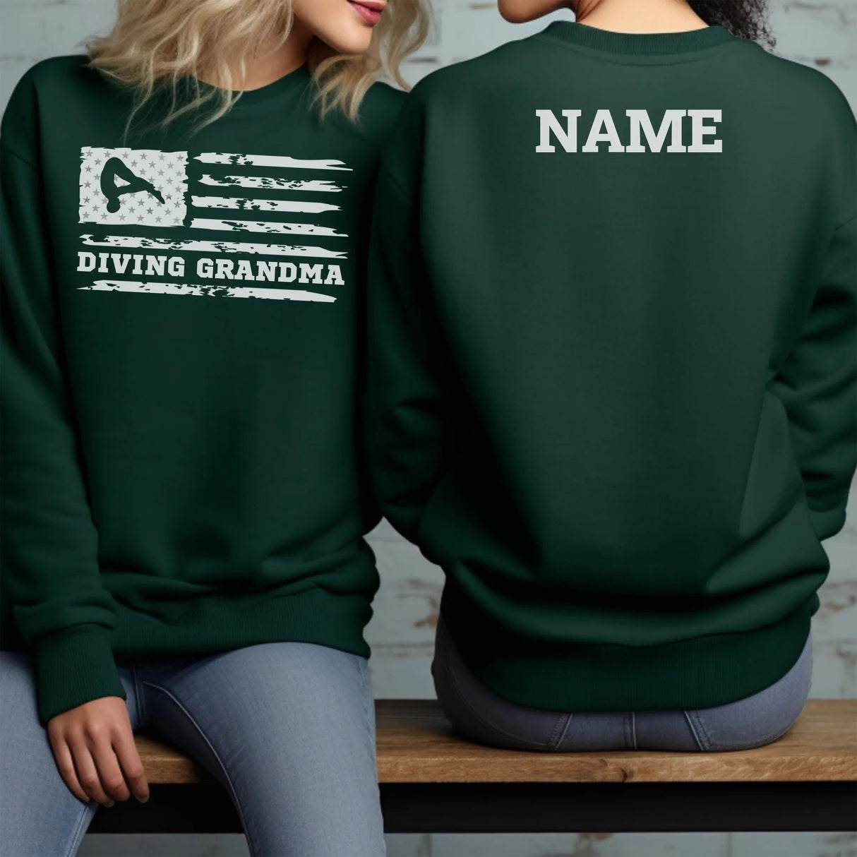 Diving Grandma Horizontal Flag With Diver Name on a Sweatshirt with a White Graphic