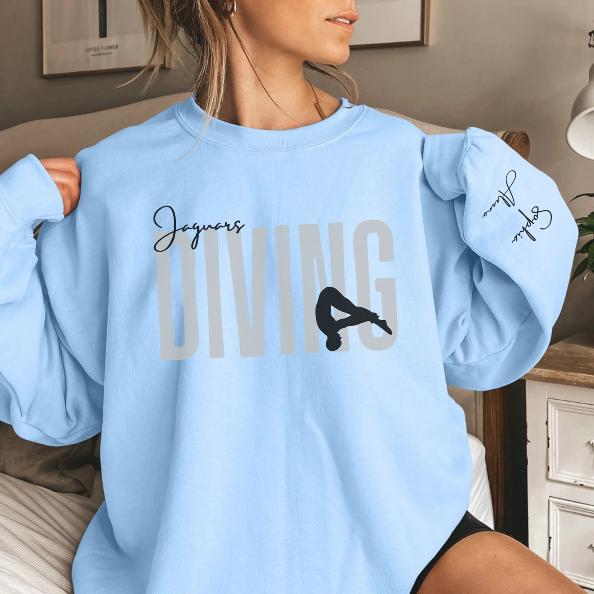 Personalized Diving on a Sweatshirt With Modern Bold Design and Diver Name on Sleeve on a Sweatshirt