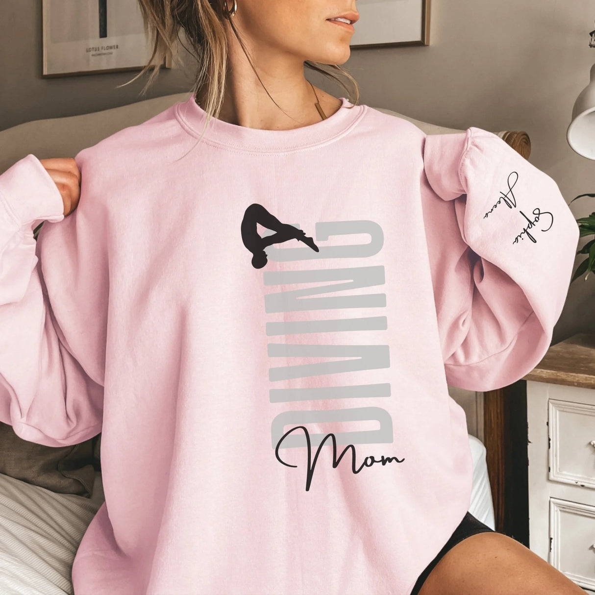 Personalized Diving Mom on a Sweatshirt With Mascot, Icon, and Diver Name on Sleeve on a Sweatshirt