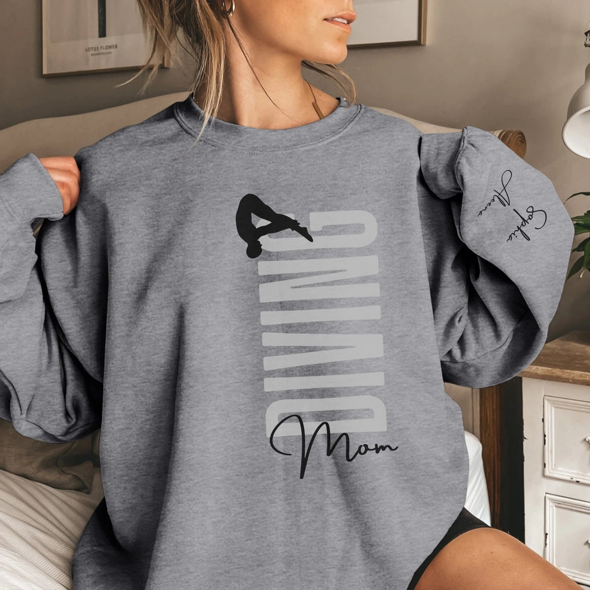 Personalized Diving Mom on a Sweatshirt With Mascot, Icon, and Diver Name on Sleeve on a Sweatshirt