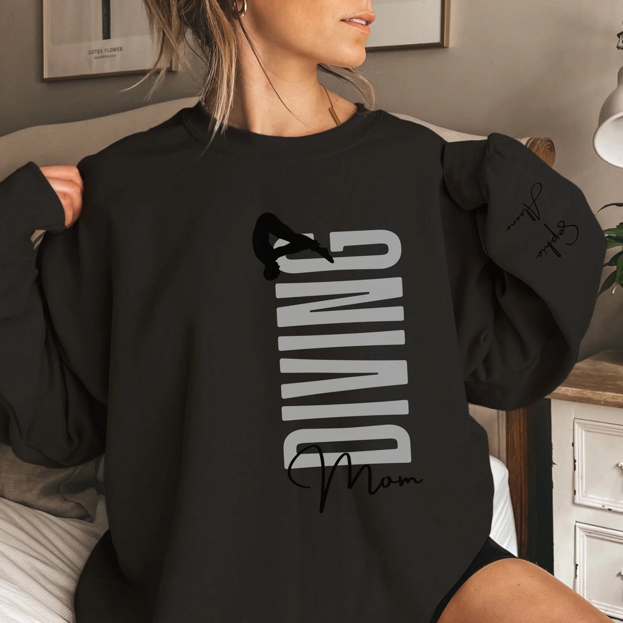 Personalized Diving Mom on a Sweatshirt With Mascot, Icon, and Diver Name on Sleeve on a Sweatshirt