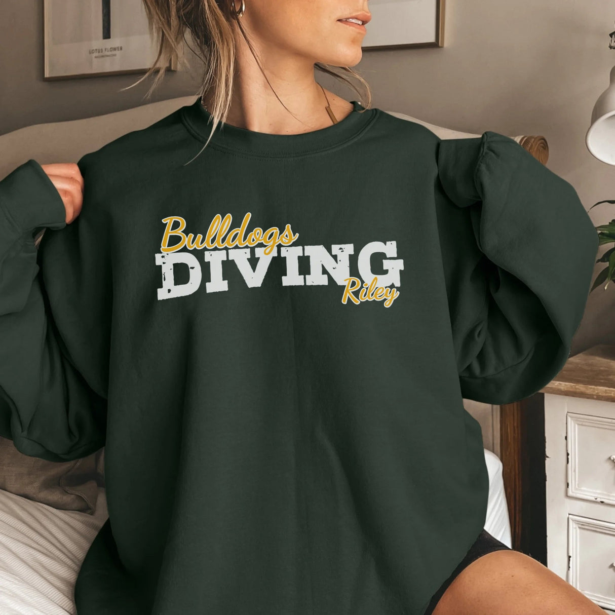Custom Diving Mascot and Diver Name on a Sweatshirt with a White Graphic
