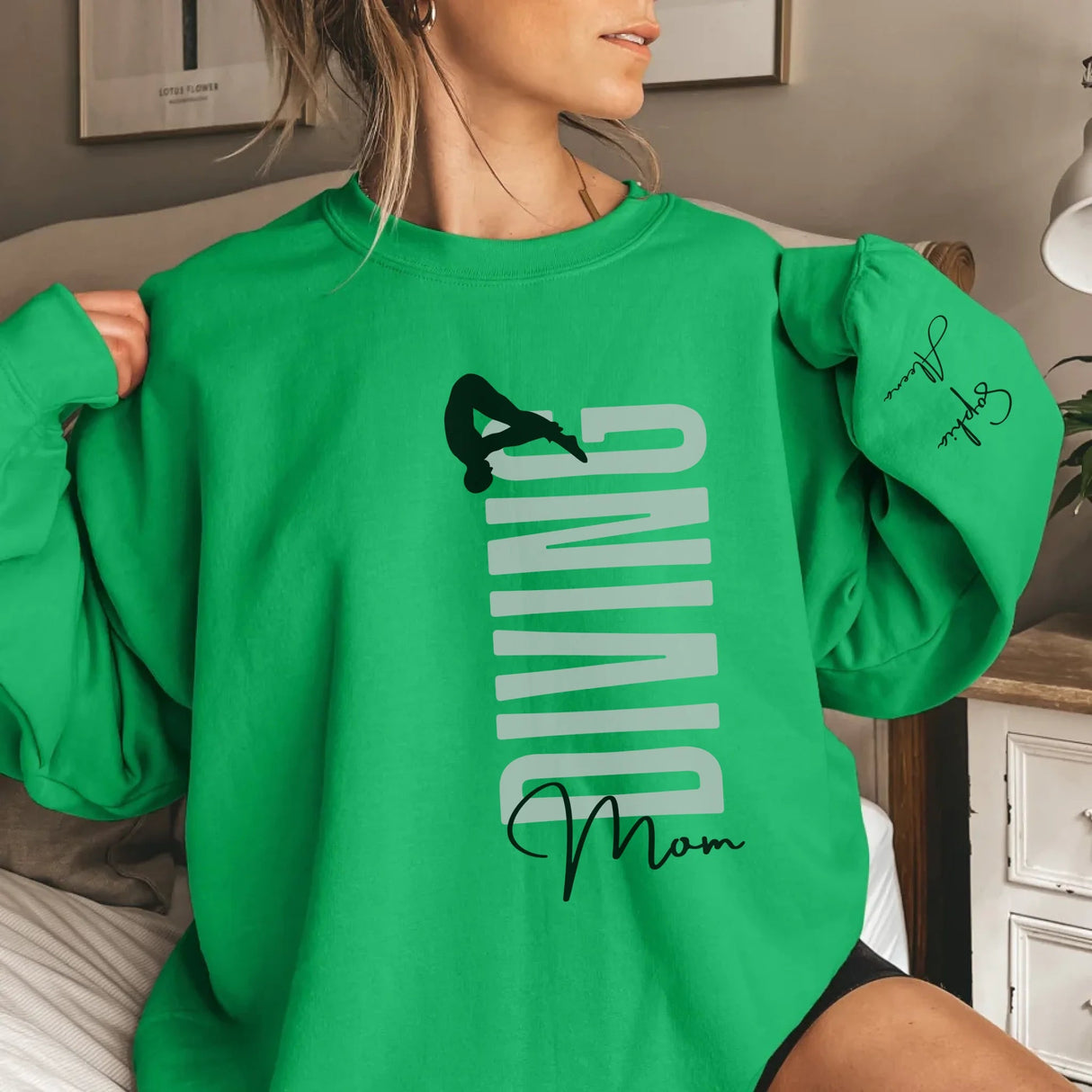 Personalized Diving Mom on a Sweatshirt With Mascot, Icon, and Diver Name on Sleeve on a Sweatshirt