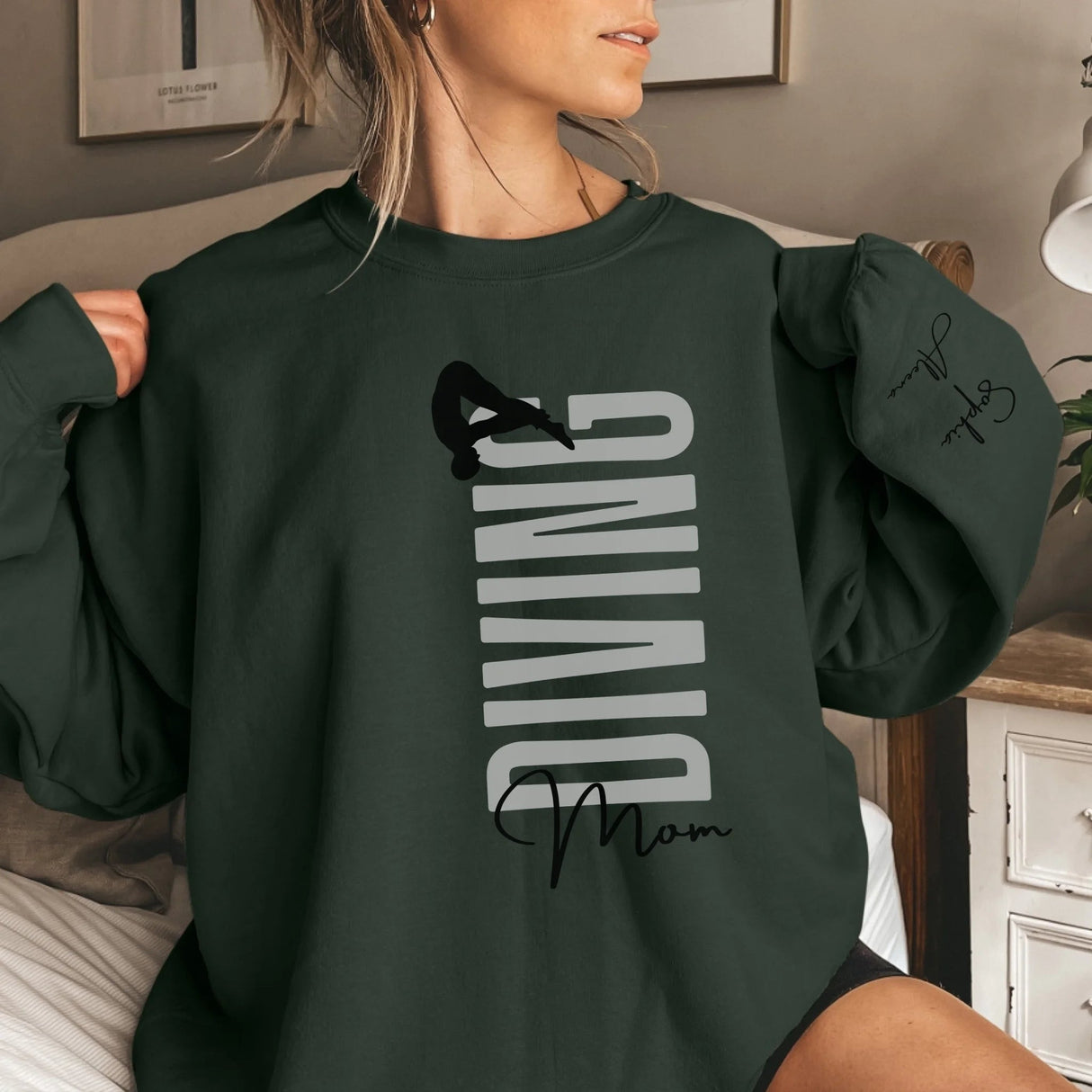 Personalized Diving Mom on a Sweatshirt With Mascot, Icon, and Diver Name on Sleeve on a Sweatshirt