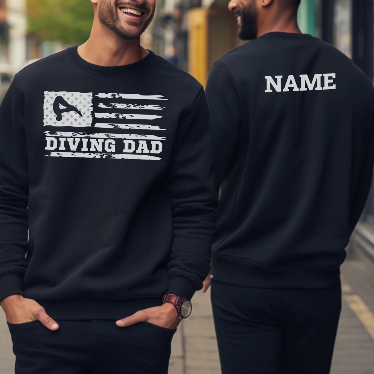 Diving Dad Horizontal Flag With Diver Name on a Sweatshirt with a White Graphic