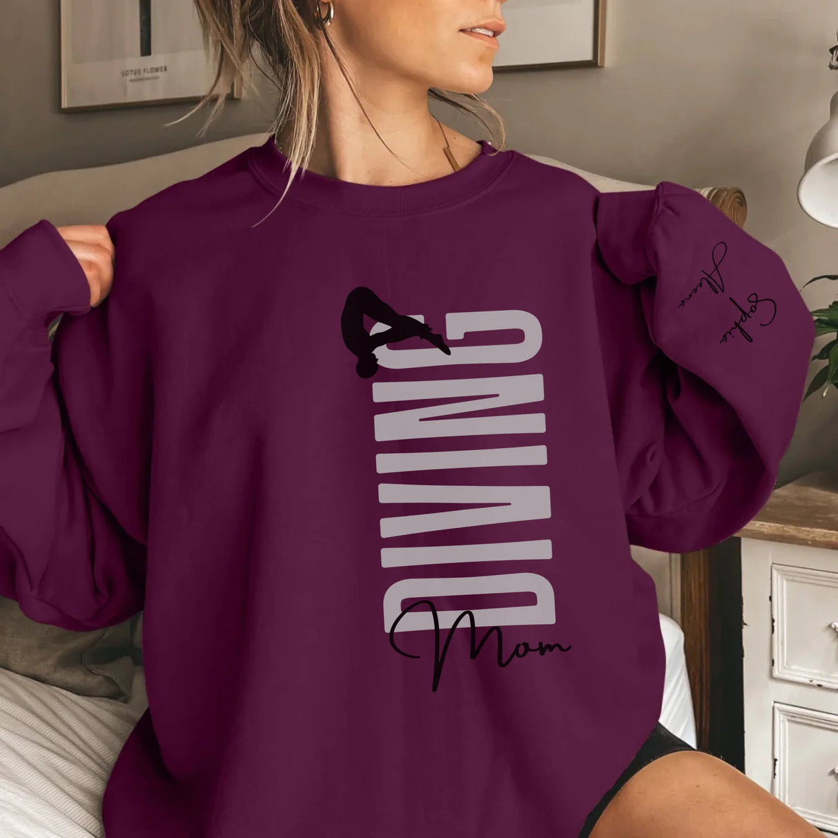 Personalized Diving Mom on a Sweatshirt With Mascot, Icon, and Diver Name on Sleeve on a Sweatshirt