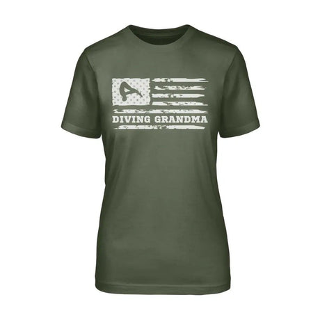 Diving Grandma Horizontal Flag on a Unisex T-Shirt with a White Graphic