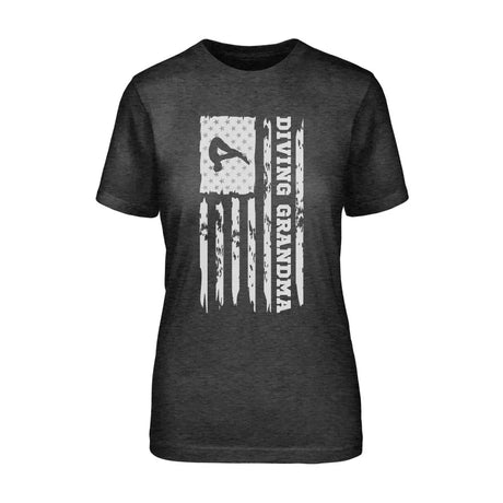 Diving Grandma Vertical Flag on a Unisex T-Shirt with a White Graphic
