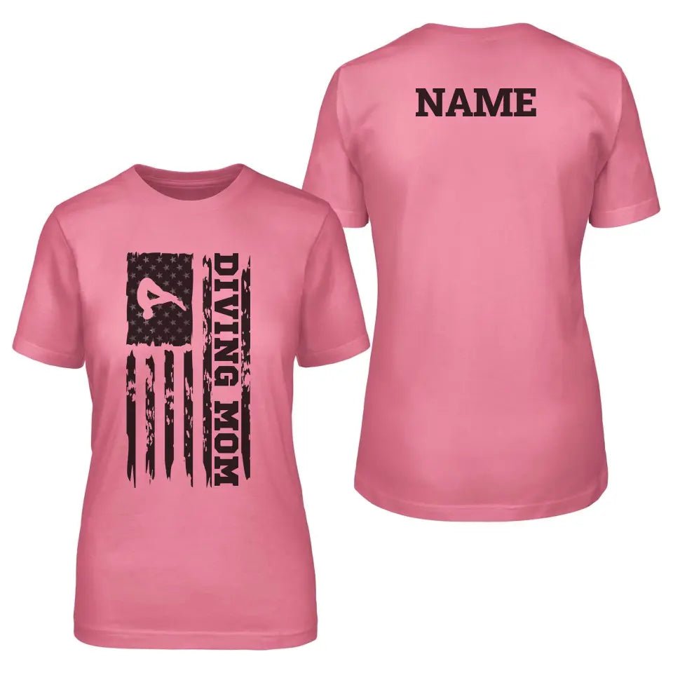 Diving Mom Vertical Flag With Diver Name on a Unisex T-Shirt with a Black Graphic