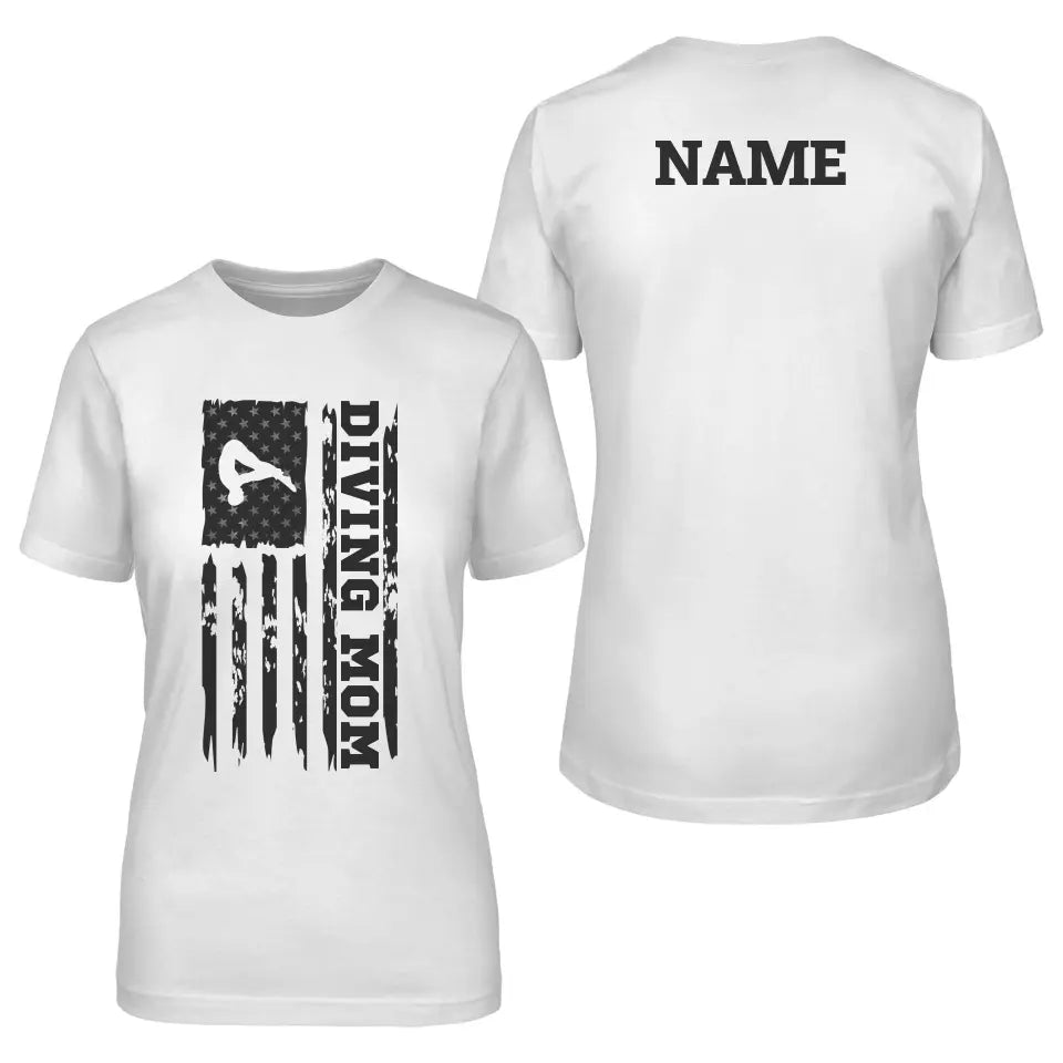 Diving Mom Vertical Flag With Diver Name on a Unisex T-Shirt with a Black Graphic