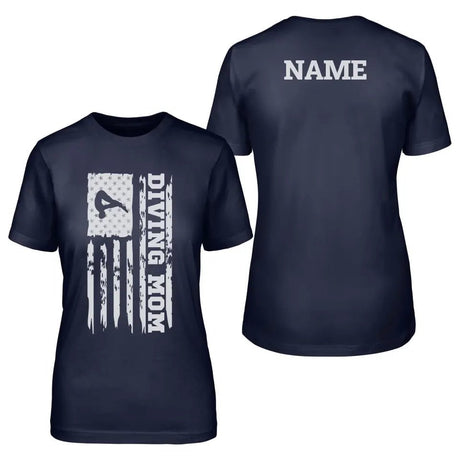 Diving Mom Vertical Flag With Diver Name on a Unisex T-Shirt with a White Graphic