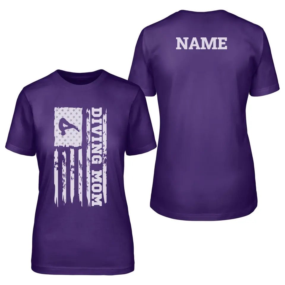 Diving Mom Vertical Flag With Diver Name on a Unisex T-Shirt with a White Graphic