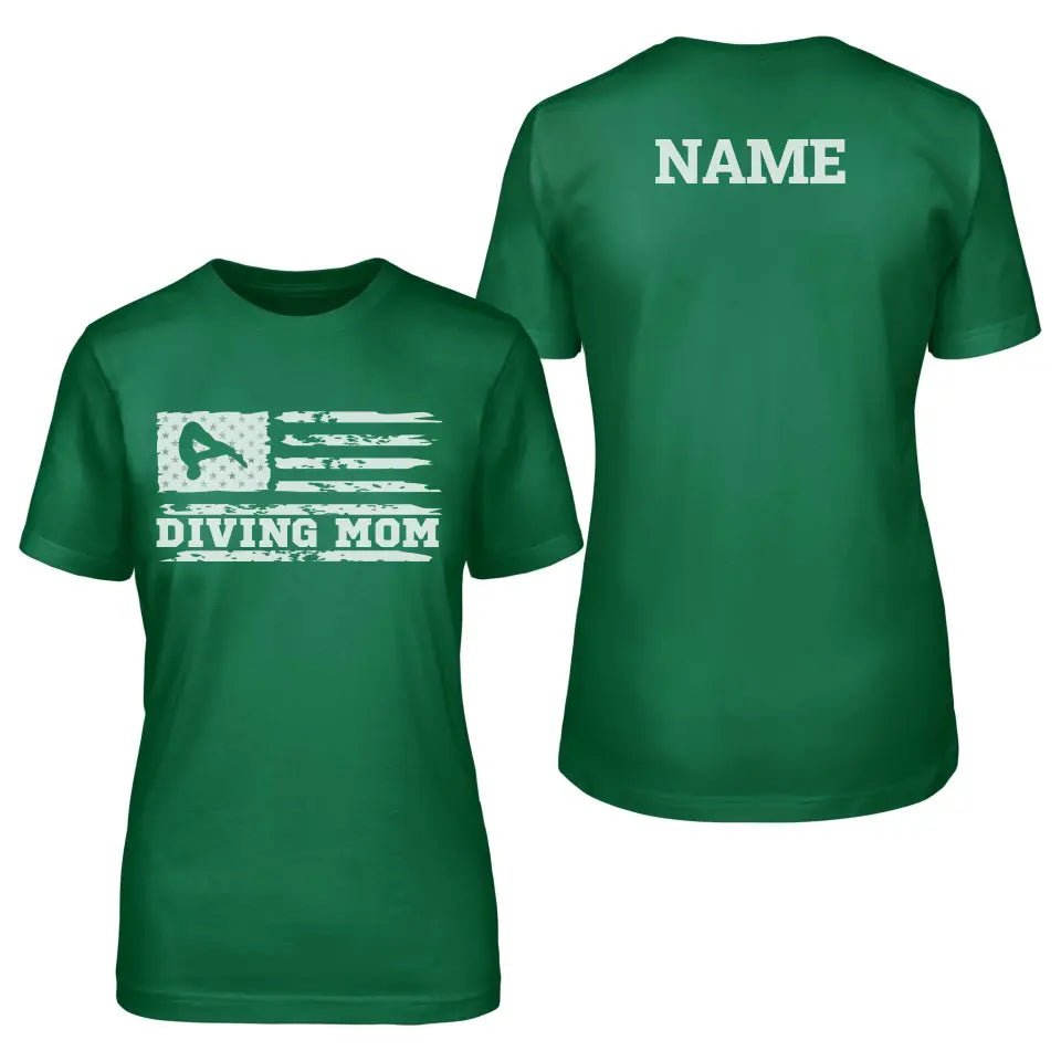 Diving Mom Horizontal Flag With Diver Name on a Unisex T-Shirt with a White Graphic