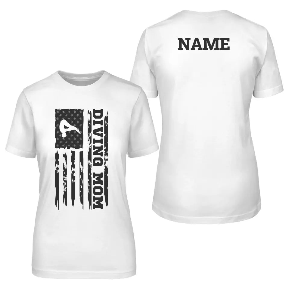 Diving Mom Vertical Flag With Diver Name on a Unisex T-Shirt with a Black Graphic
