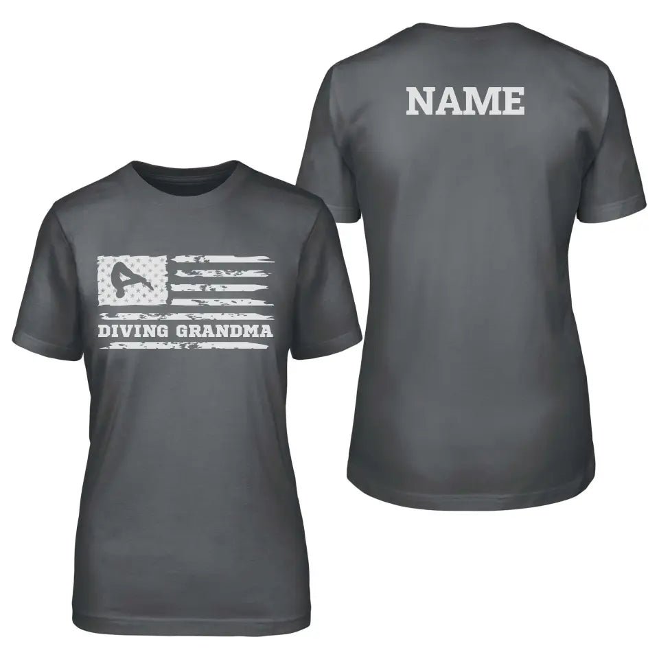 Diving Grandma Horizontal Flag With Diver Name on a Unisex T-Shirt with a White Graphic